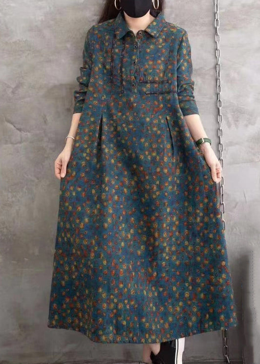 Blue Peter Pan Collar Print Wrinkled Button Long Shirts Dress Spring