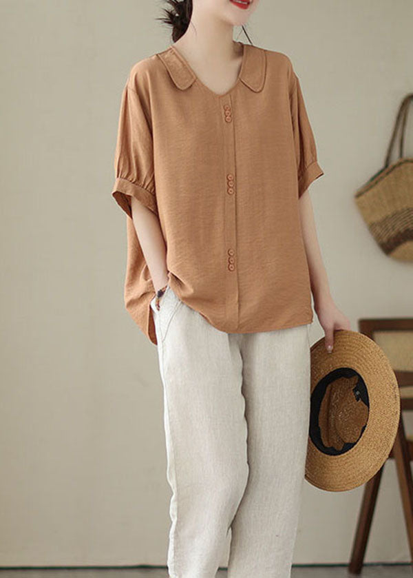 Orange Peter Pan Collar Patchwork Cotton Shirt Tops Summer