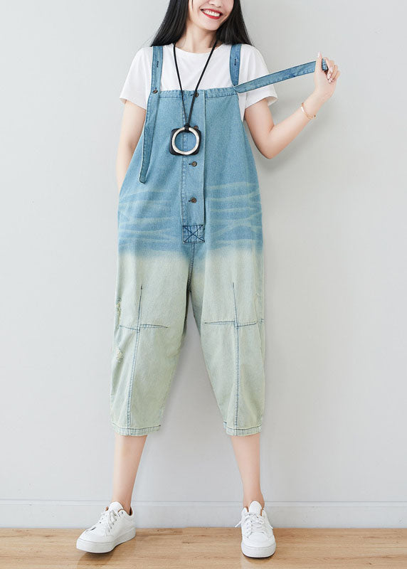 Light Blue Patchwork Gradient Color Cotton Overalls Jumpsuit Spring