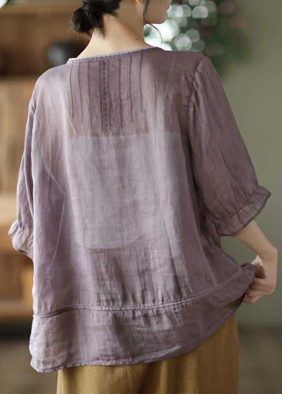 Purple O-neck Patchwork Button Linen Shirt Half Sleeve