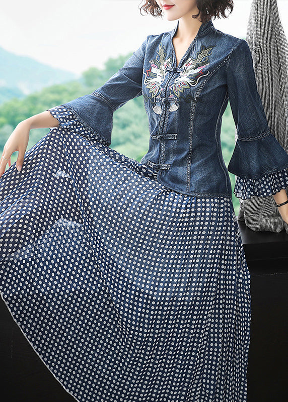 Art Blue Stand Collar Embroideried Denim Coats Flare Sleeve and Dot Print Chiffon Skirts Two Piece Set Clothing