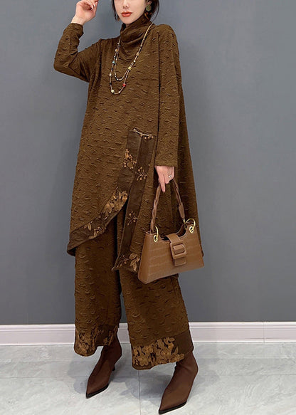 Chocolate Turtleneck Print Top and Pants Two Pieces Set Spring