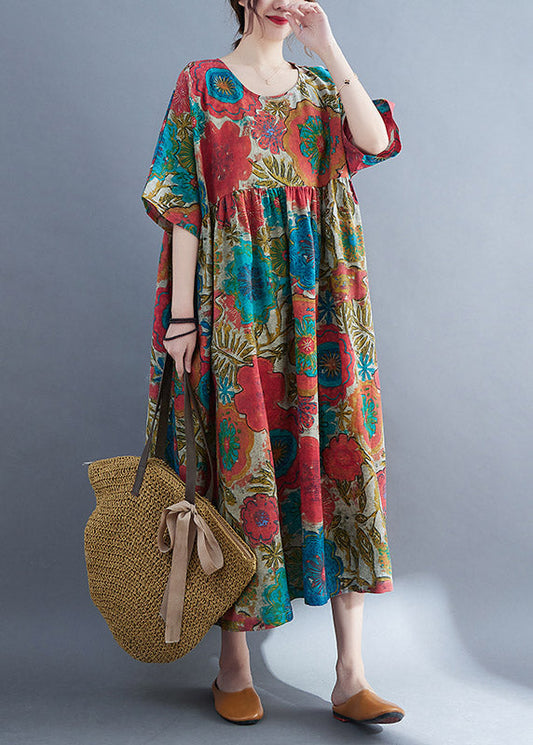 Red O-neck Cinched Print Linen Long Dress Short Sleeve