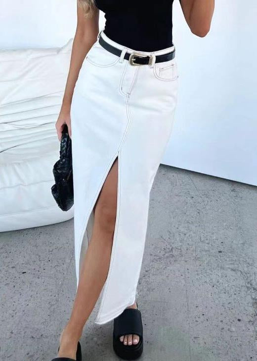 Grey High Waist Side Open Denim Skirts Summer
