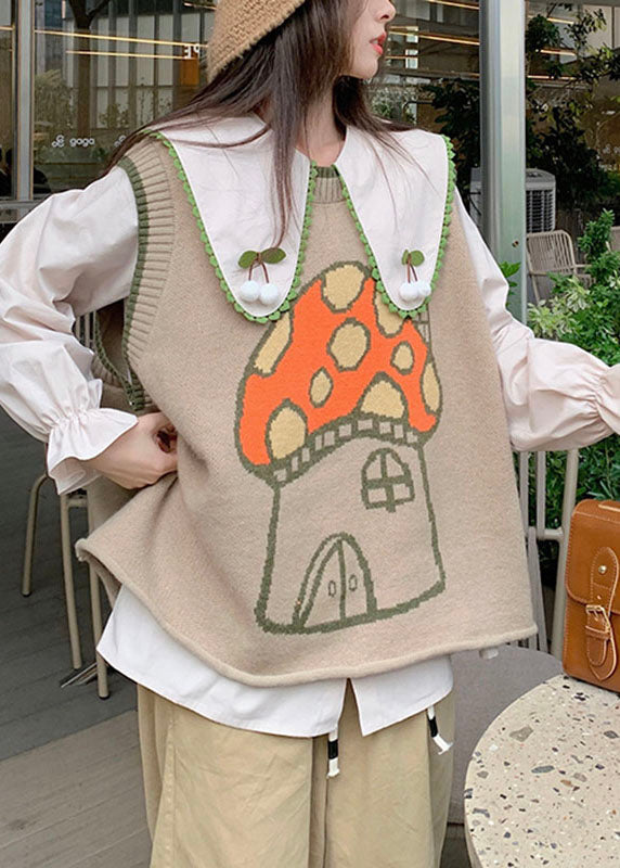 Novelty Khaki Print Knit Waistcoat and Shirts Two Piece Set Fall