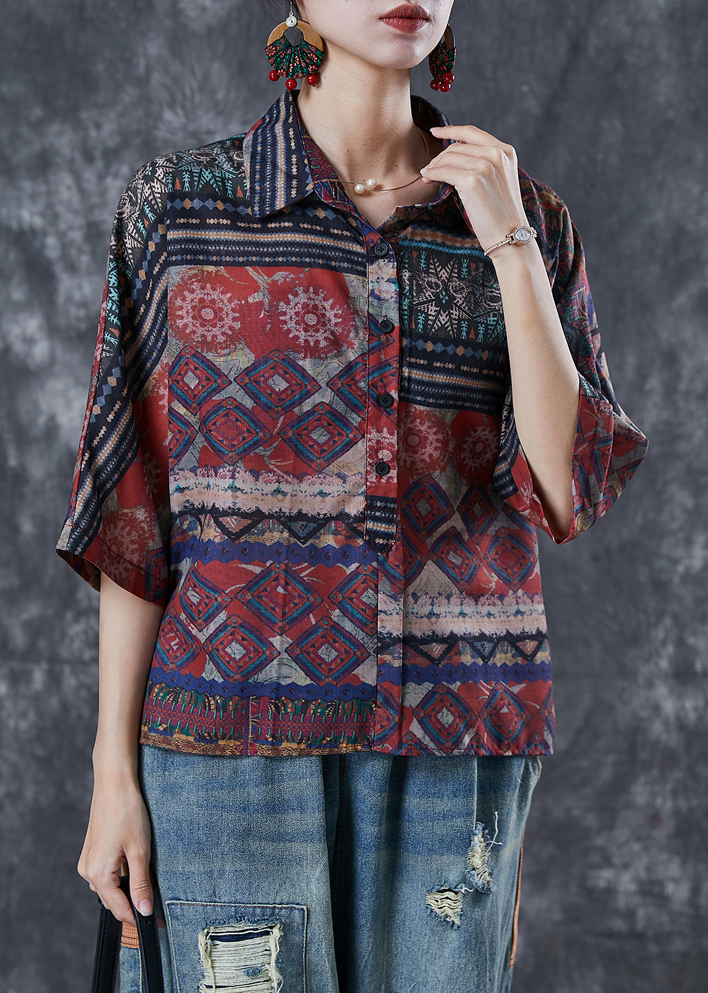 Style Oversized Print Linen Shirts Bracelet Sleeve