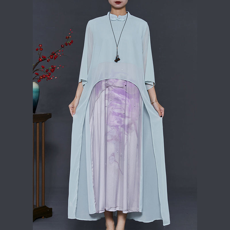 Green Asymmetrical Nail Bead Chiffon Oriental Dress Summer