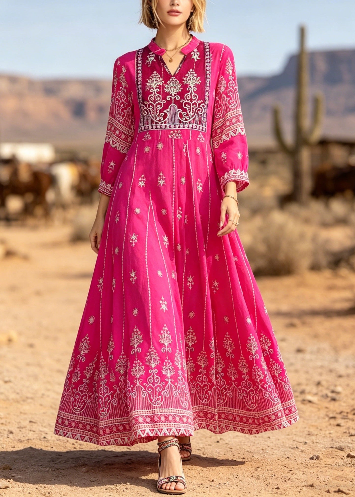 Rose V Neck Print Exra Large Hem Cotton Dresses Summer