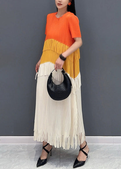 Orange Patchwork Silk Long Dress Tasseled O-neck Summer