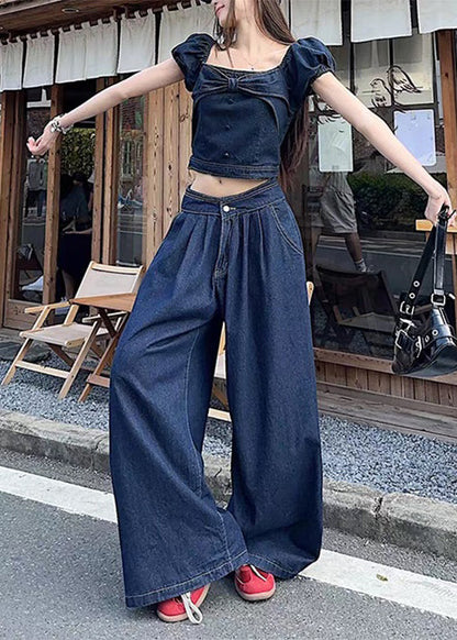 Modern Blue Slash Neck Bow Tops and Wide Leg Pants Denim Two Pieces Set Summer