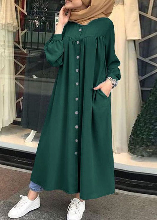 Color Stand Collar Button Down Front Leisure Loose Maxi Dress With Side Pockets