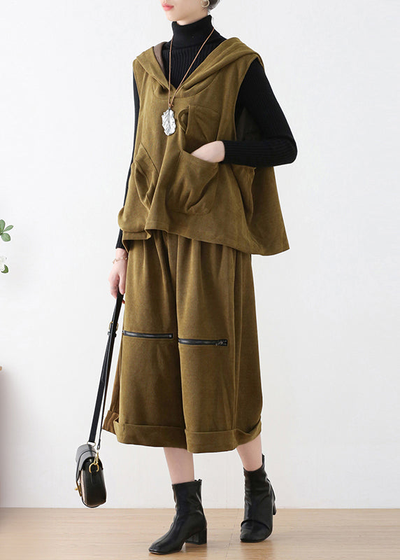 Mustard Green Velour Hooded Waistcoat and Crop Pants Two Pieces Set Fall