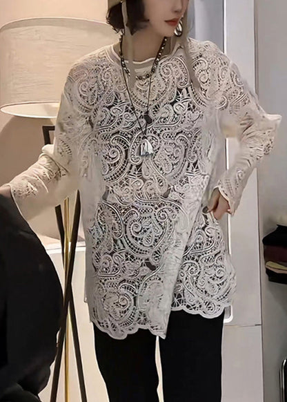 Beige Embroidered Hollow Out Lace T Shirt Spring