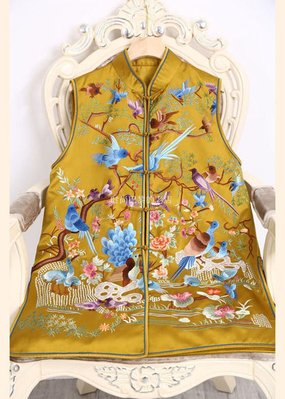 Diy Yellow Retro Print Side Open Button Fall Sleeveless Vest