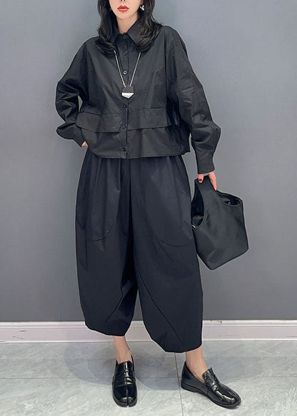 Fine Black Peter Pan Collar Patchwork Tops and Pants Cotton Two Pieces Set Spring