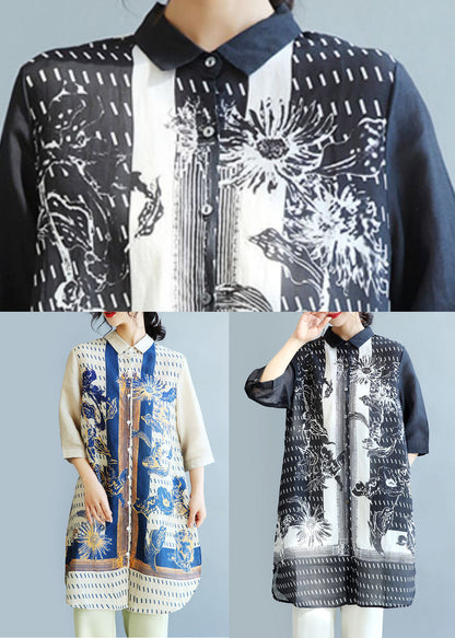 Black Peter Pan Collar Print Linen Long Shirt Tops Half Sleeve