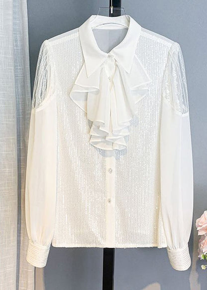 Pink Bow Sequins Patchwork Chiffon Blouses Long Sleeve