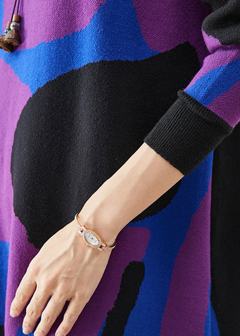 French Colorblock Turtle Neck Print Knit a Line Dresses Fall