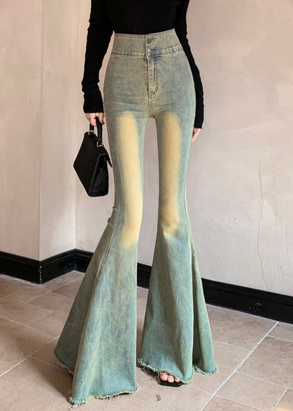 New Blue Button High Waist Denim Flared Trousers Fall