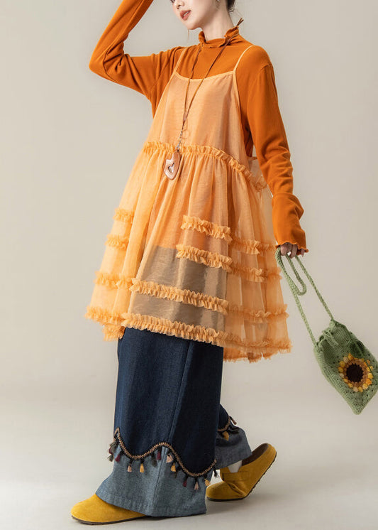 French Orange Ruffled Spaghetti Strap Dress Cotton T Shirt and Denim Pants 3 Pieces Set Spring