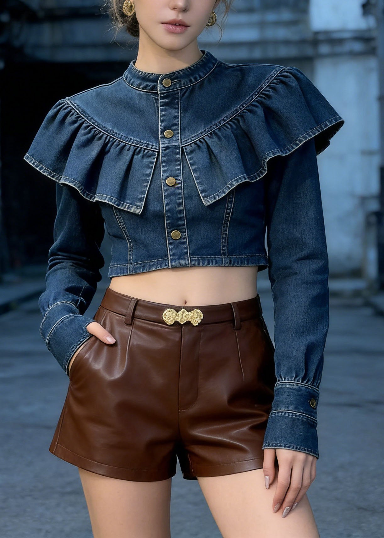 Blue Ruffled Patchwork Denim Short Top Spring