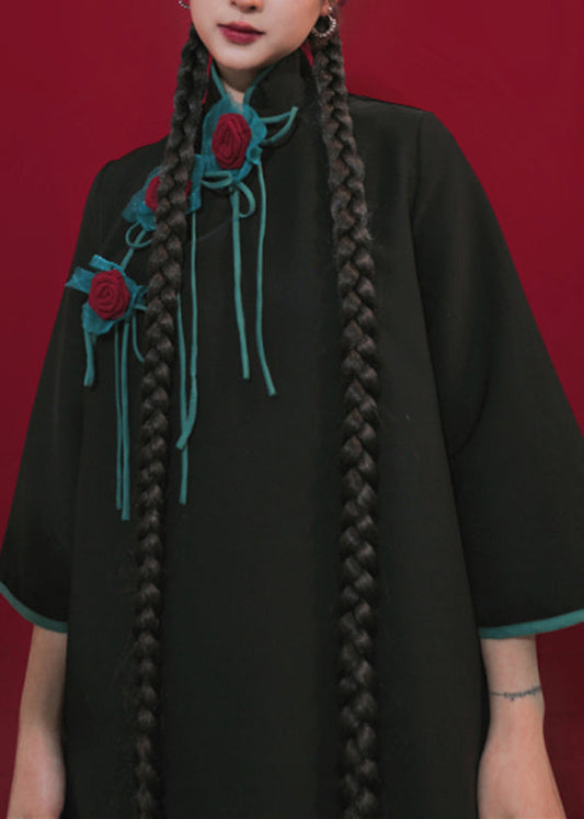 Handmade Black Stand Collar Asymmetrical Top Long Sleeve