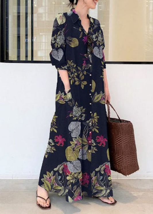 Retro Print Cotton Turn-down Collar Loose Shirt Dress With Pocket