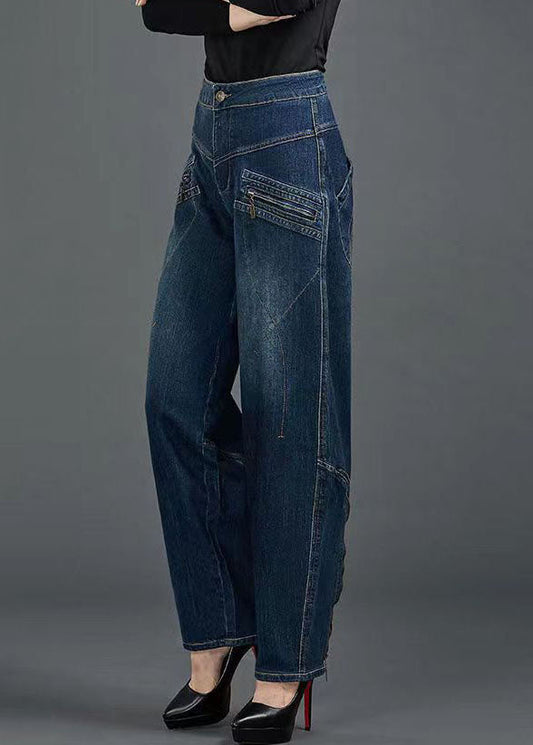 Blue High Waist Flatering Zip Up Pockets Cotton Denim Pants Summer