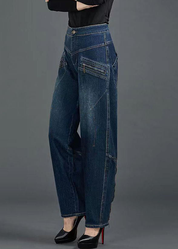 Blue High Waist Flatering Zip Up Pockets Cotton Denim Pants Summer