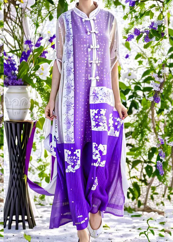 Chinese Style Purple Stand Collar Patchwork Side Open Button Silk Vacation Maxi Dresses Summer