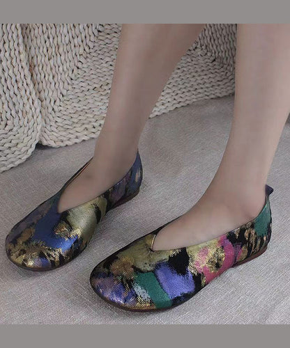 Handmade Style Lavender Printed Genuine Leather Flats Shoes