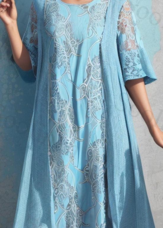 Natural Blue O Neck Print False Two Pieces Silk Dresses Summer