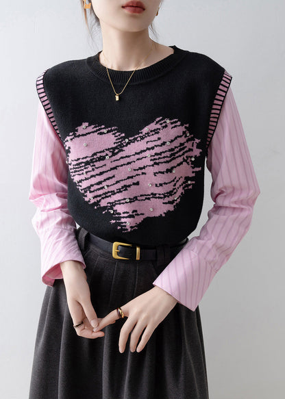 New Fake Two Pieces Set Knit Patchwork Pink Shirts Spring