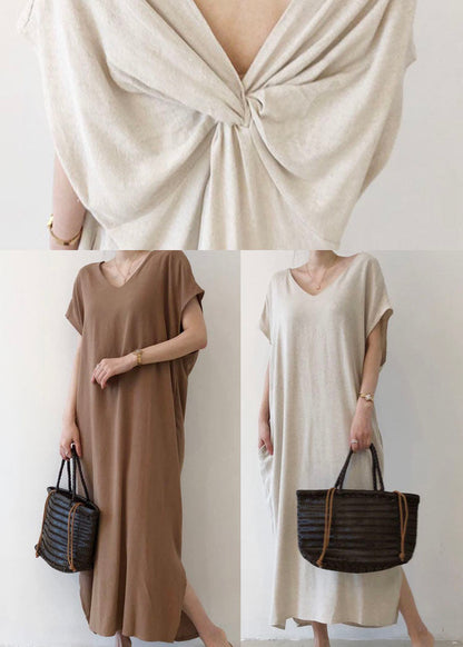 Beige V Neck Cotton Short Sleeve Long Dresses