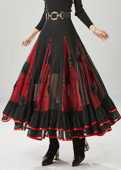 Black Red Patchwork Chiffon Skirt Exra Large Hem Fall