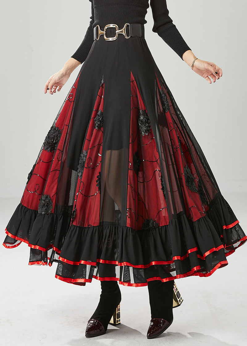 Black Red Patchwork Chiffon Skirt Exra Large Hem Fall