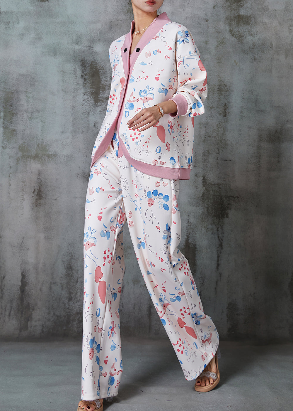 White Oversized Print Cotton Two Pieces Set Spring