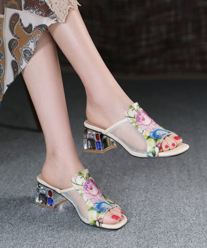 Splicing Chunky Black Cowhide Leather Peep Toe Slide Sandals