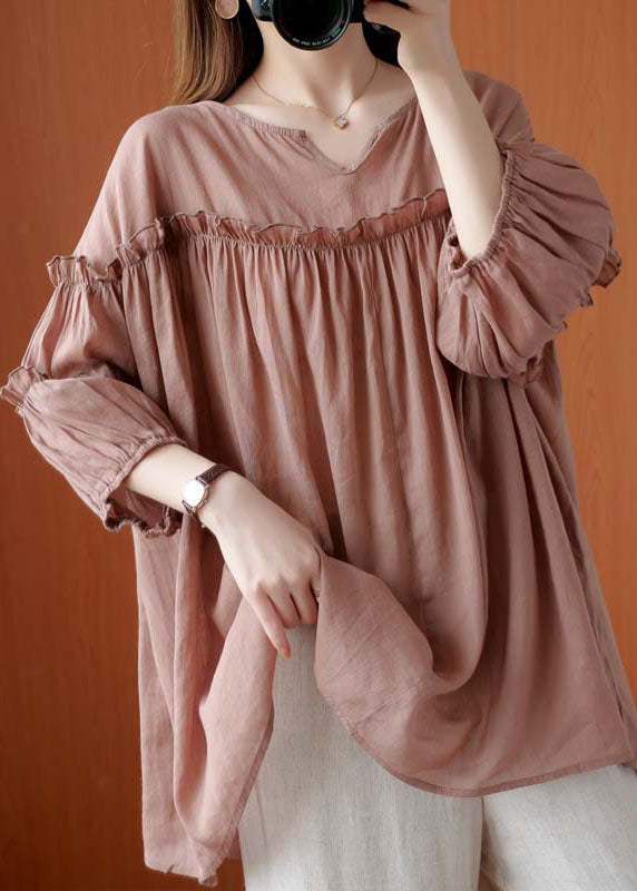 French Pink V Neck Patchwork Fall Three Quarter Sleeve Shirt Top
