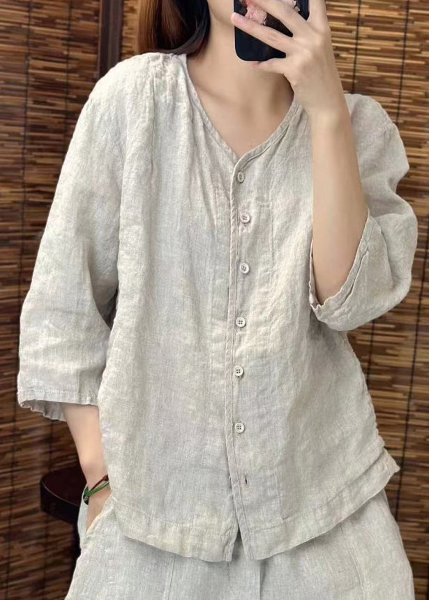 Green O Neck Button Linen Shirt Summer