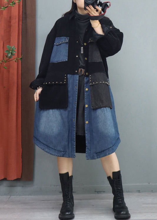 Black Peter Pan Collar Pockets Patchwork Coat Fall