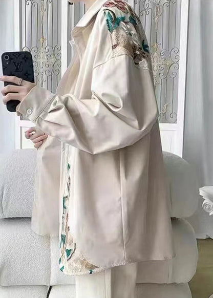 Beige Embroidered Button Cotton Neutral Coats Spring