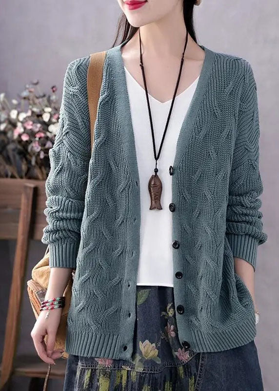 Art Blue V Neck Button Fall Knit Sweater Coat