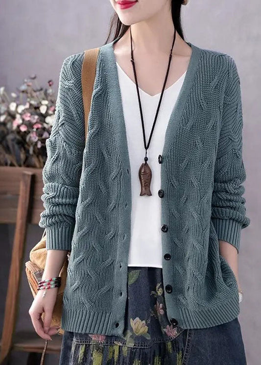 Art Blue V Neck Button Fall Knit Sweater Coat