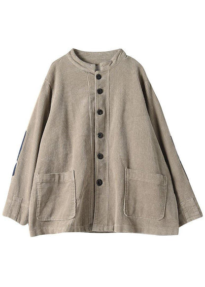 Khaki Button Patchwork Pockets Fall Long Sleeve Top