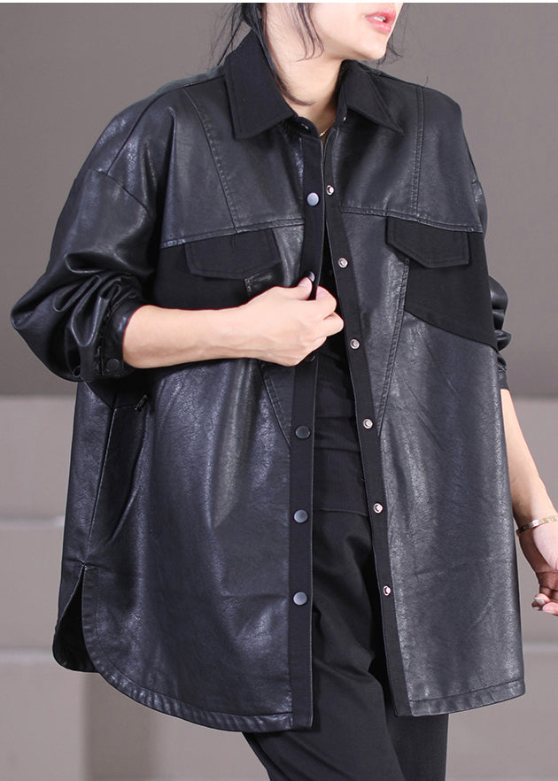 Black Oversized Patchwork Faux Leather Coat Outwear Spring
