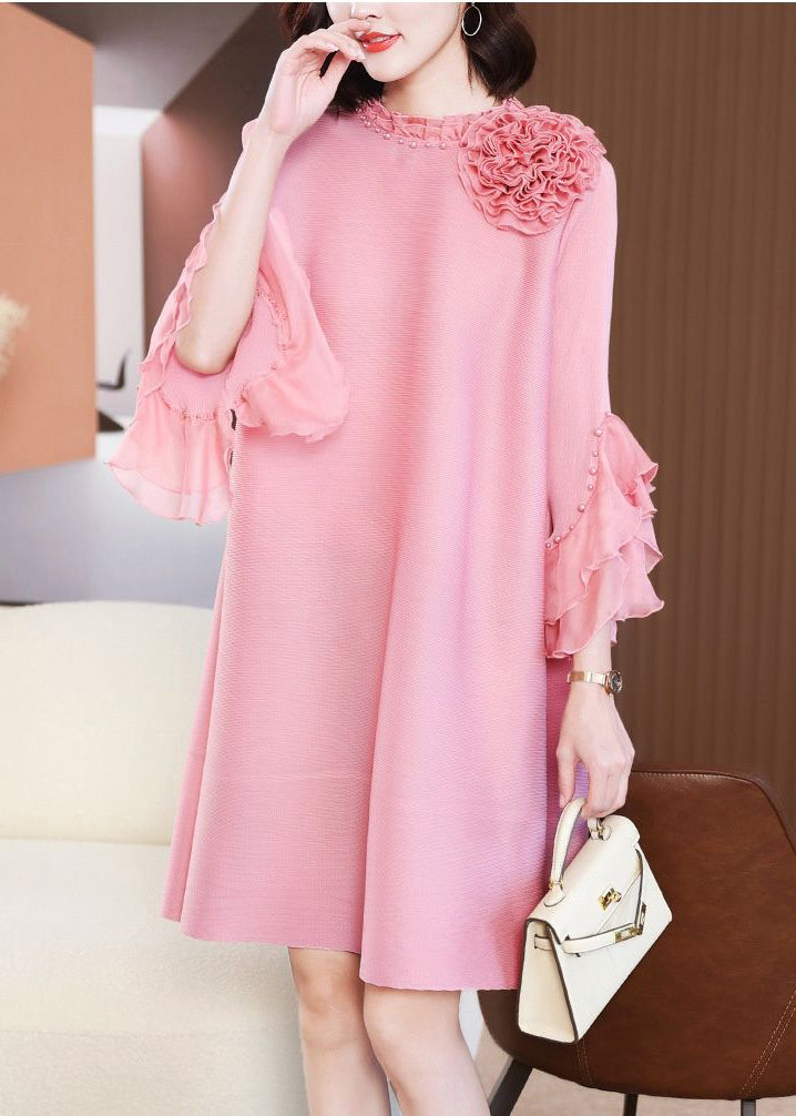 Pink Stand Collar Nail Bead Vacation Dresses Petal Sleeve