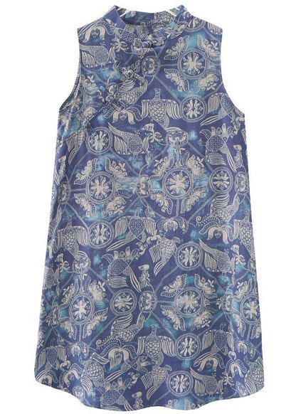 Loose Blue Print Oriental Summer Cotton Dress