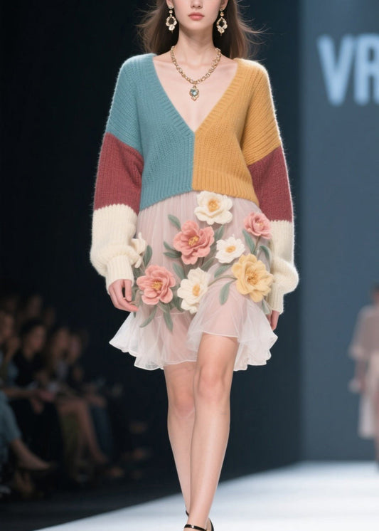 Style Colorblock V Neck Tulle Knit Sweater Dress Fall