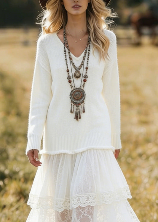 Unique White V Neck Lace Patchwork Knit Dress Spring